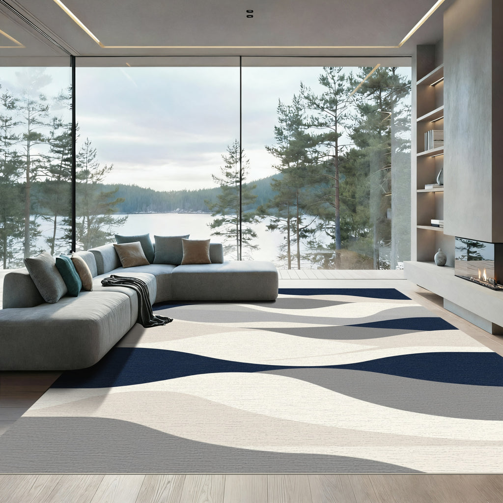 Modern Navy Gray Abstract Wave Rug