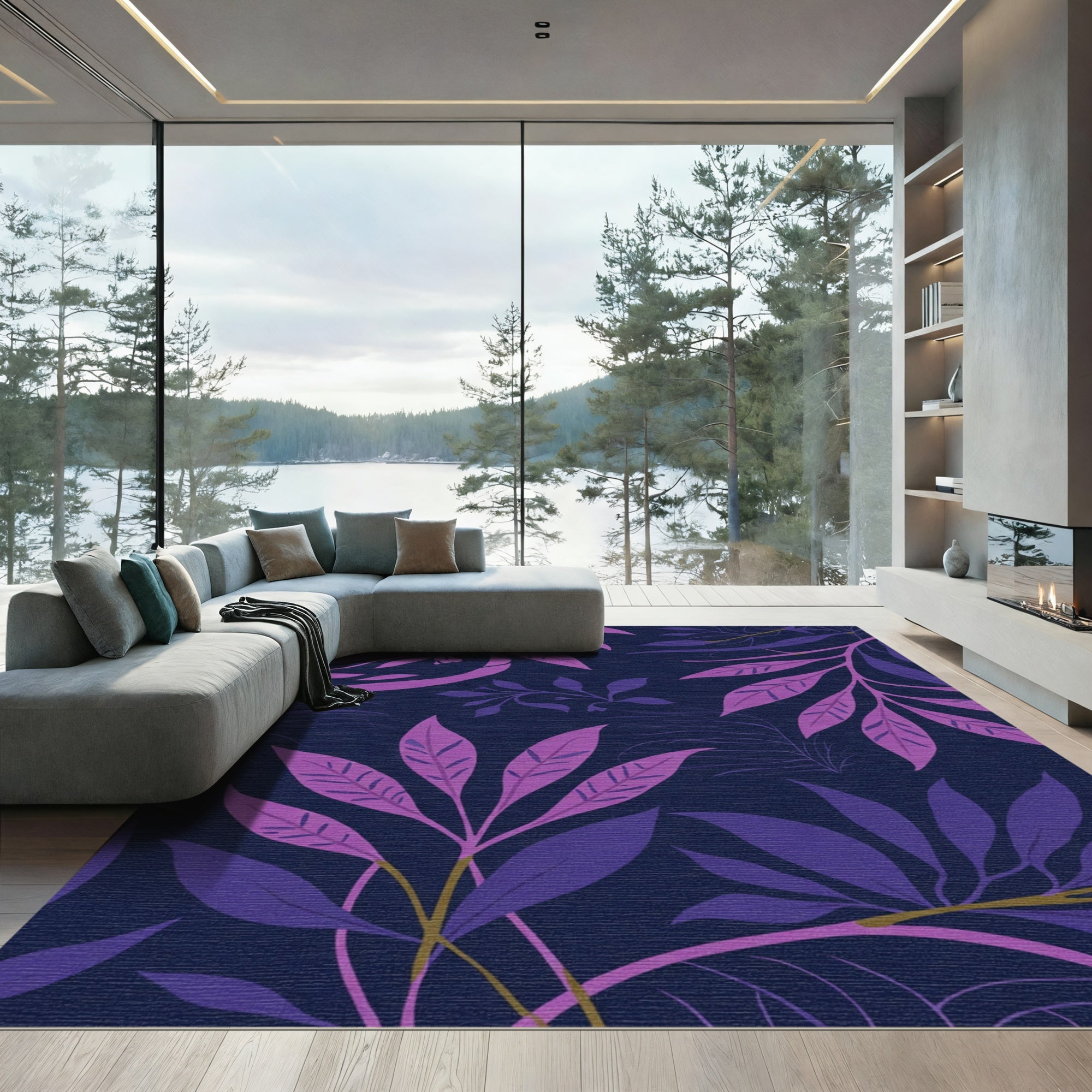 Dark Navy Purple Pink Foliage Vines Rug
