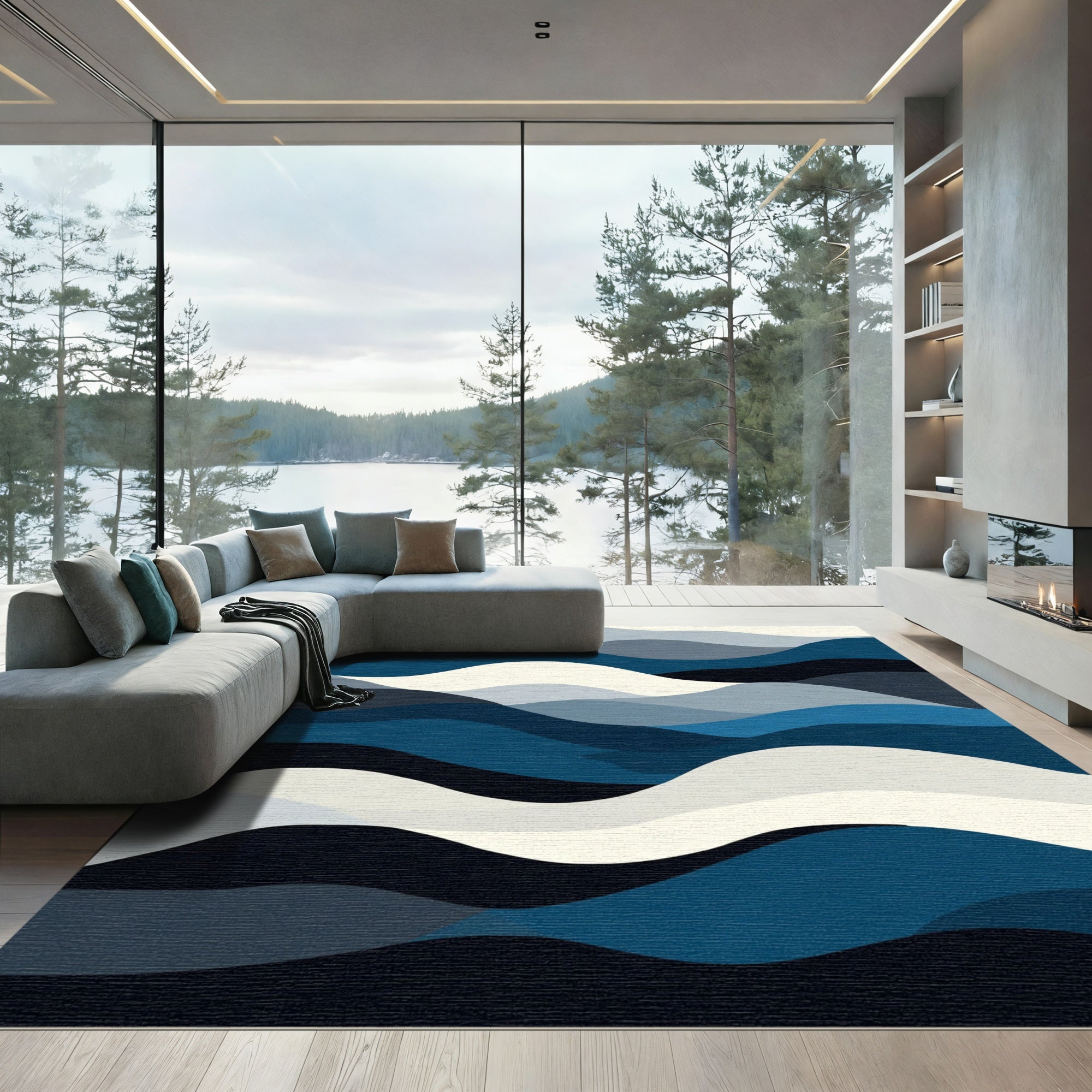 Abstract Indigo Wave Layers Rug