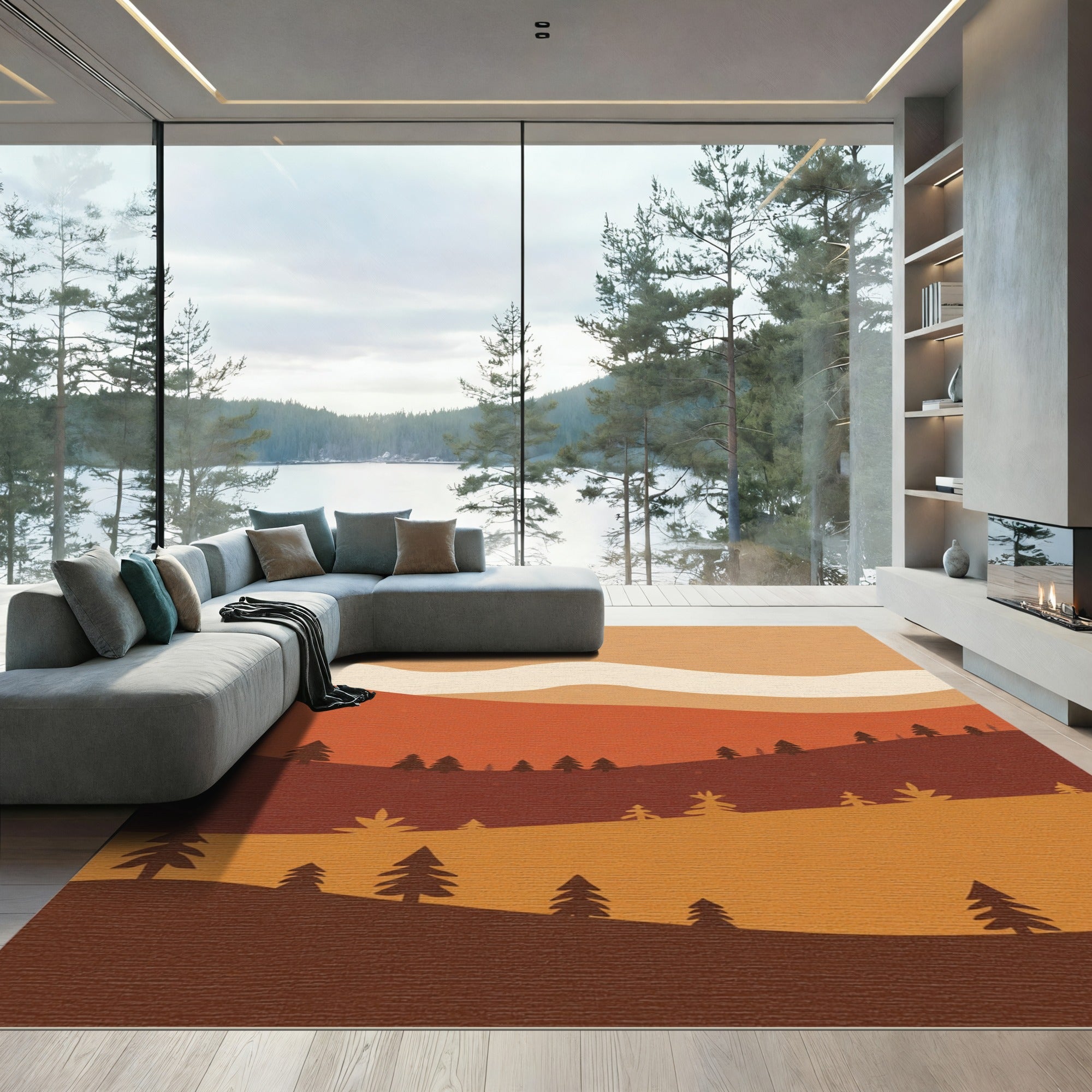Warm Earthy Tones Mountain Scene Rug