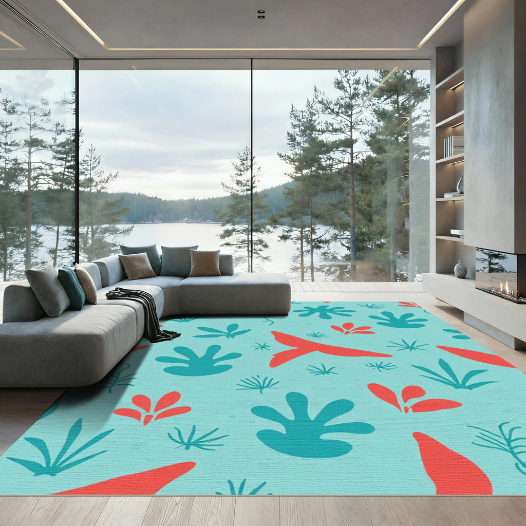 Coral Teal Abstract Botanical Shapes Rug