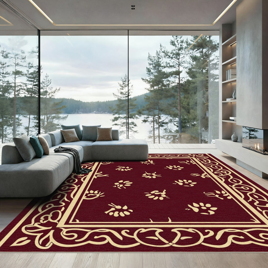 Deep Red Cream Border Floral Accent Rug