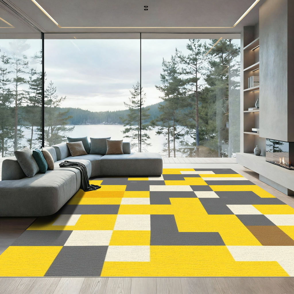 Yellow Gray Abstract Block Rug