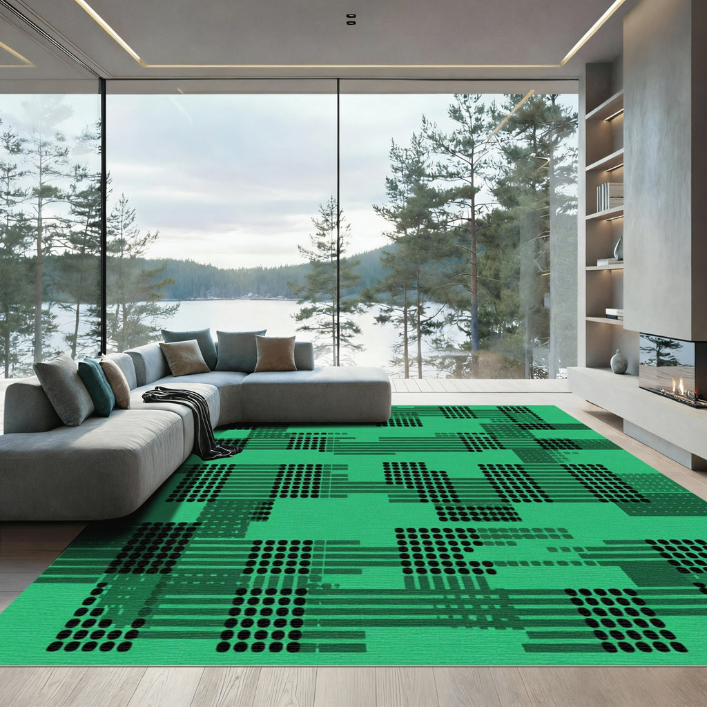 Green Black Dot Grid Abstract Rug