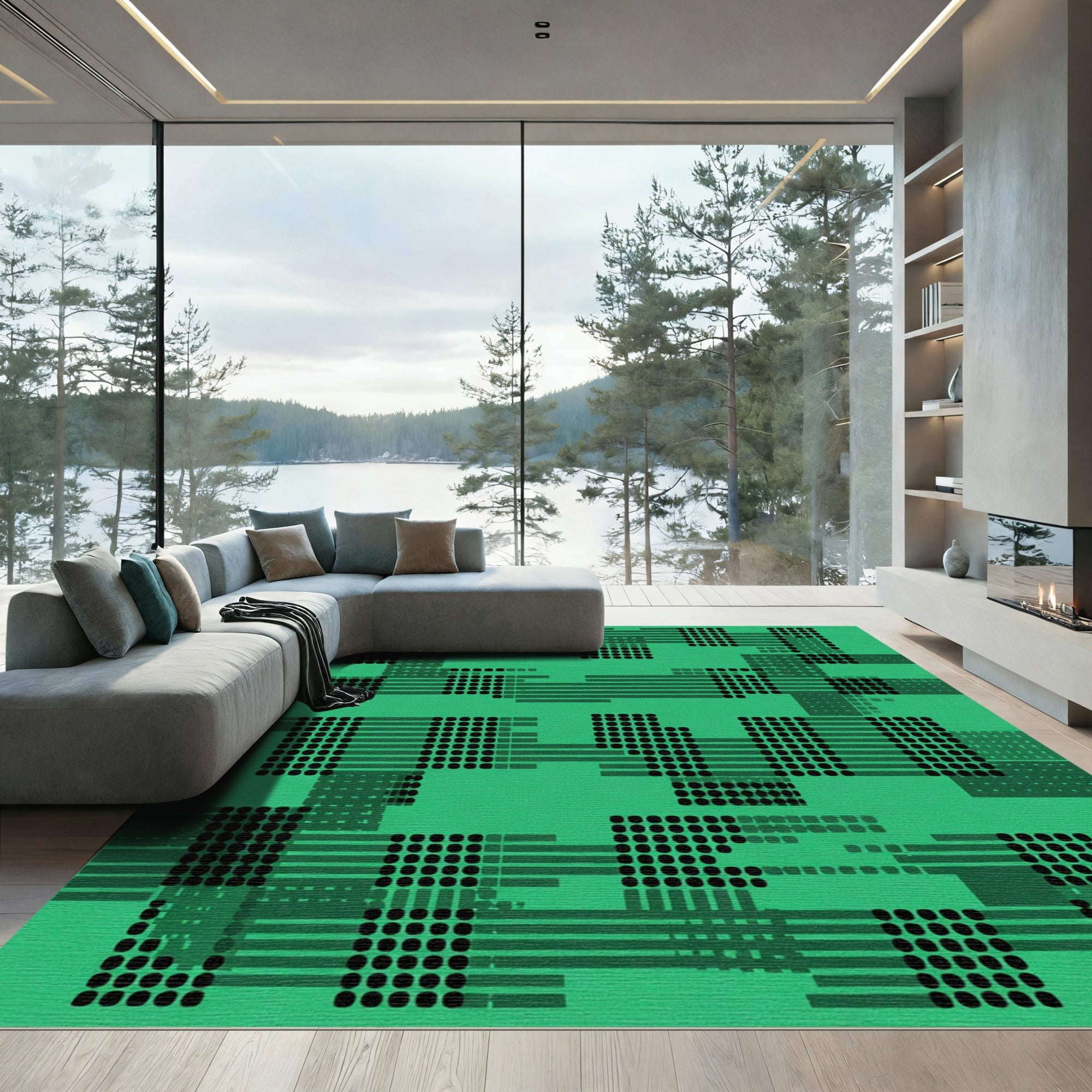 Green Black Dot Grid Abstract Rug