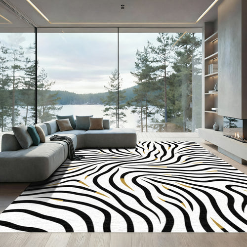 Black Gold Swirl Zebra Lines Rug