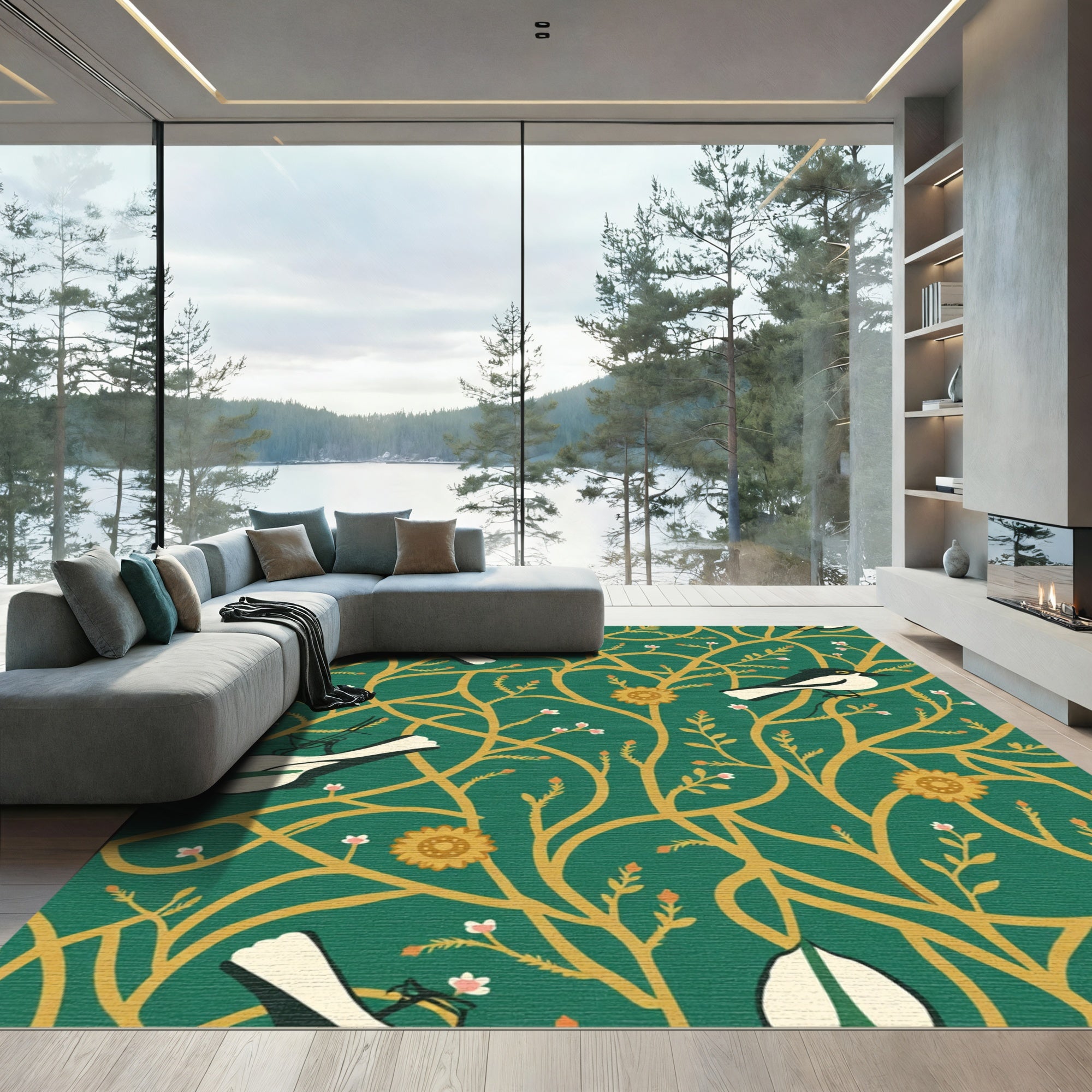 Emerald Green Bird Branch Foliage Rug