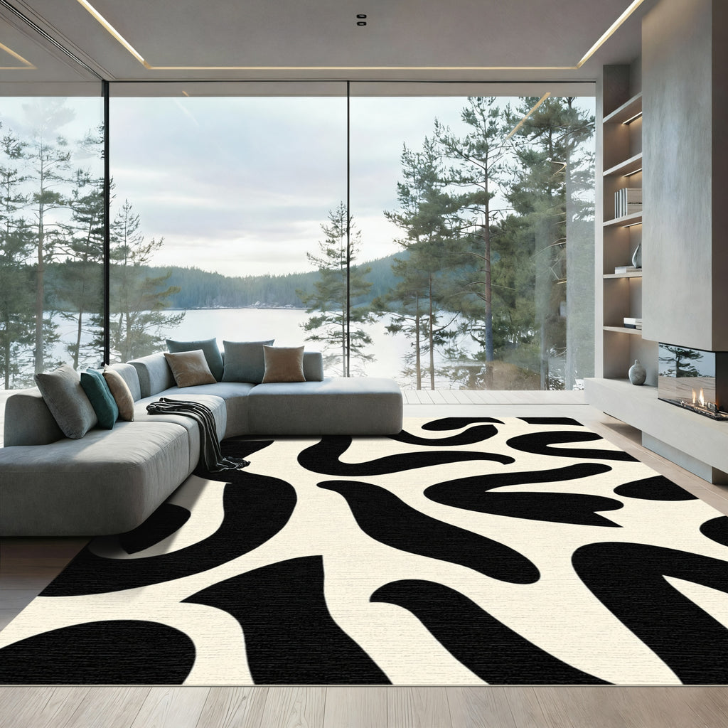 Cream Black Abstract Organic Curves Rug