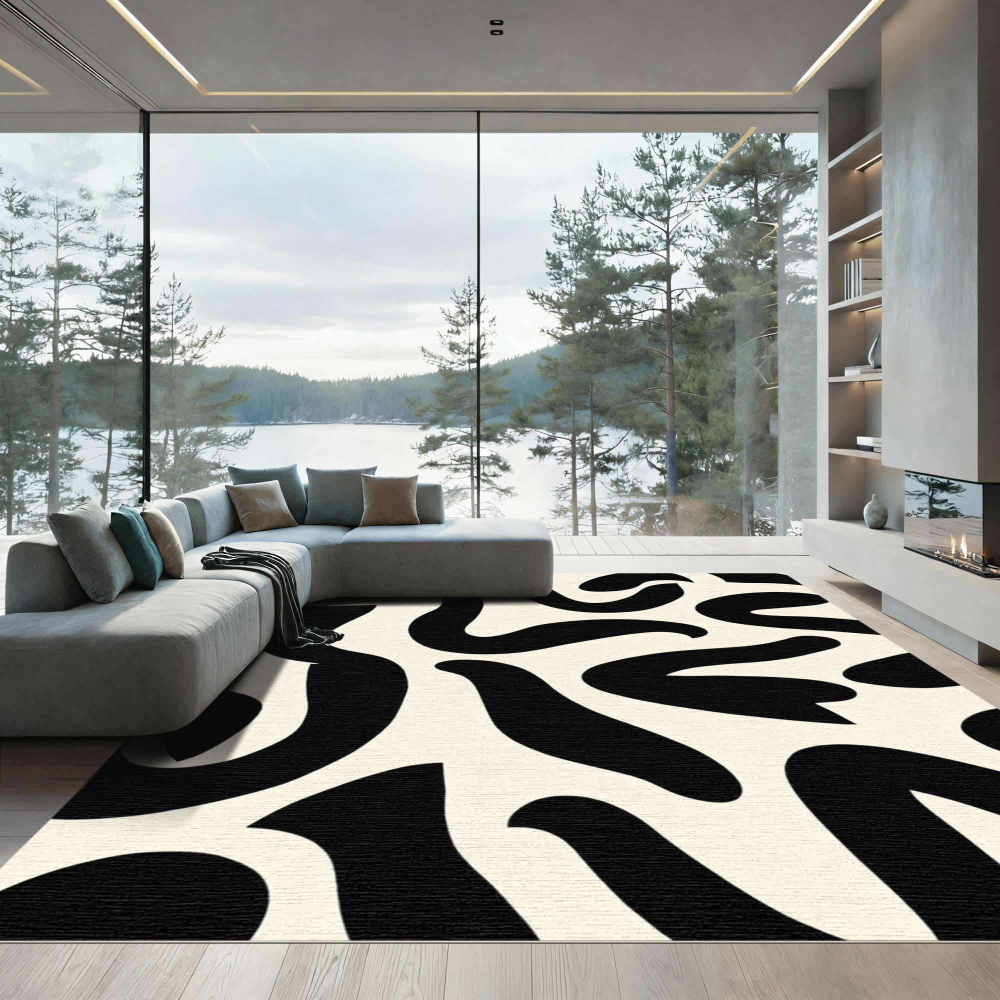 Cream Black Abstract Organic Curves Rug