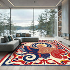 Bold Red Blue Rooster Medallion Rug