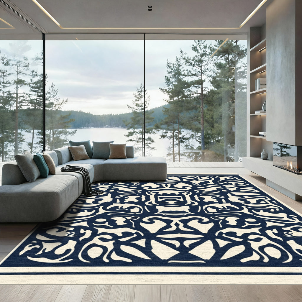Navy Cream Symmetrical Abstract Forms Rug