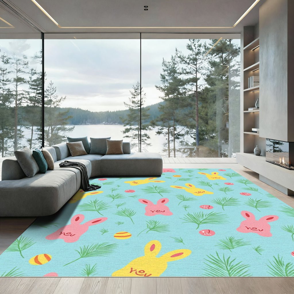 Pink Yellow Bunny Tropical Fern Rug