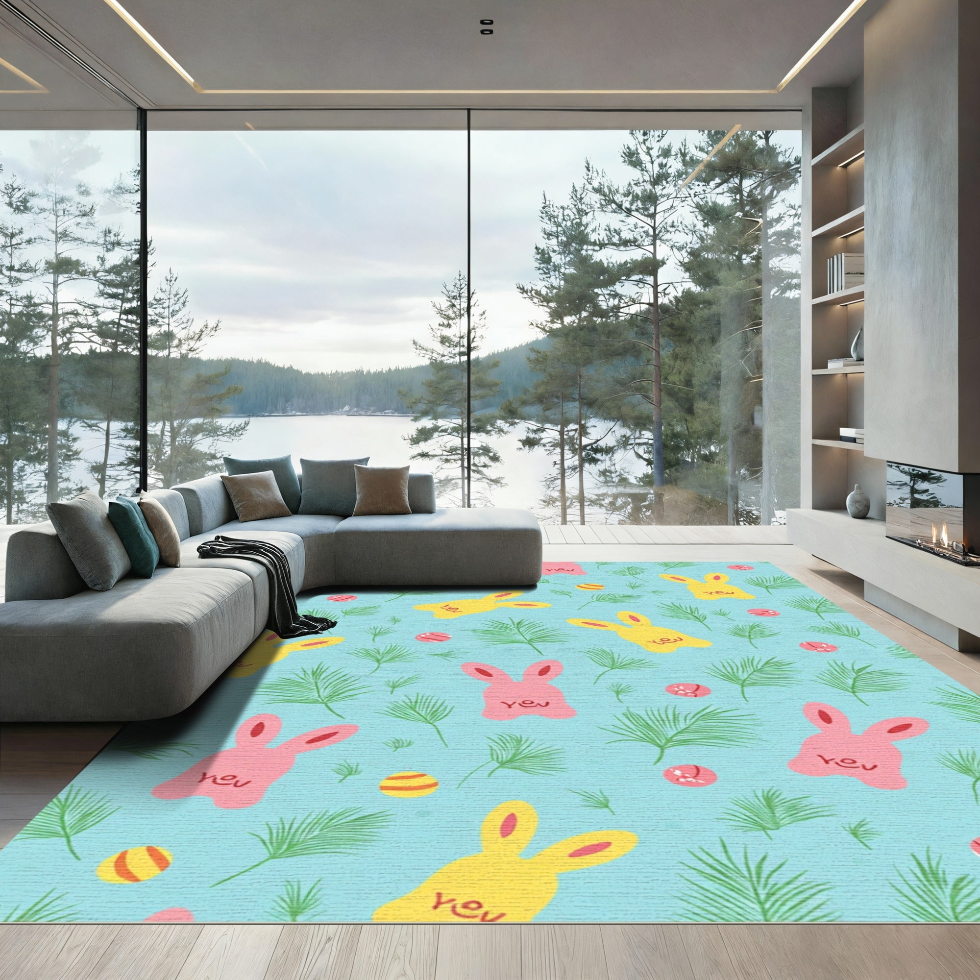 Pink Yellow Bunny Tropical Fern Rug