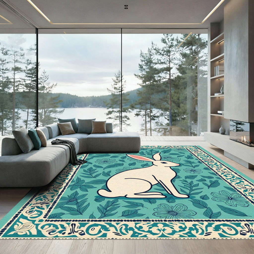 Aqua Floral Bunny Meadow Borders Rug