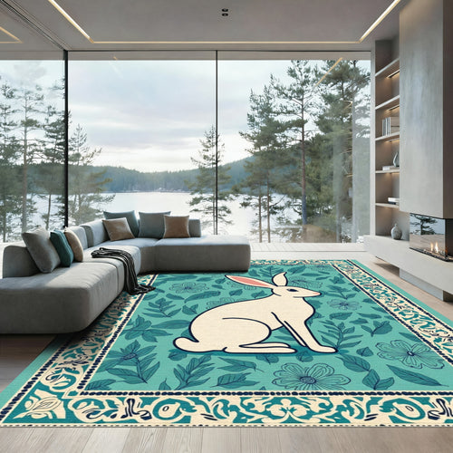 Aqua Floral Bunny Meadow Borders Rug