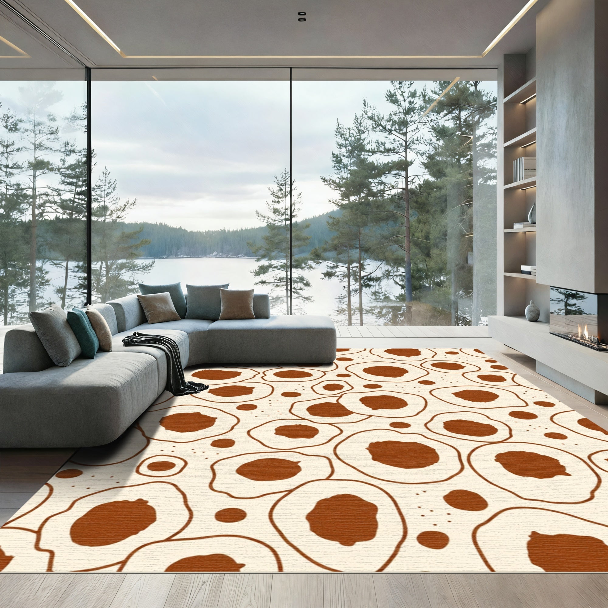 Cream Brown Organic Circles Scattered Rug