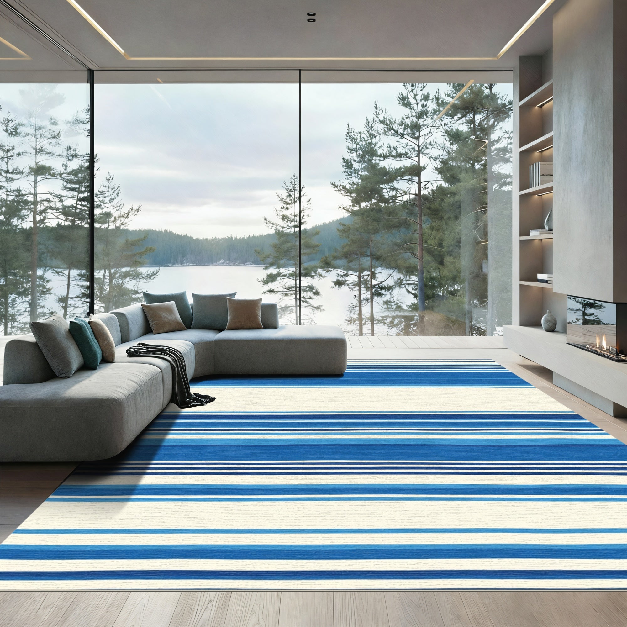 Vibrant Blue Cream Horizontal Stripe Rug