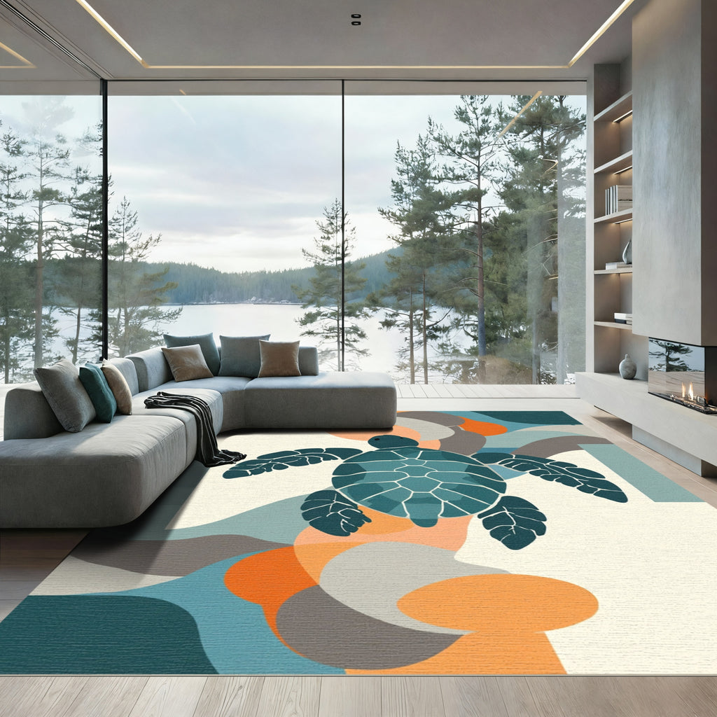 Teal Turtle Abstract Coastal Waves Rug