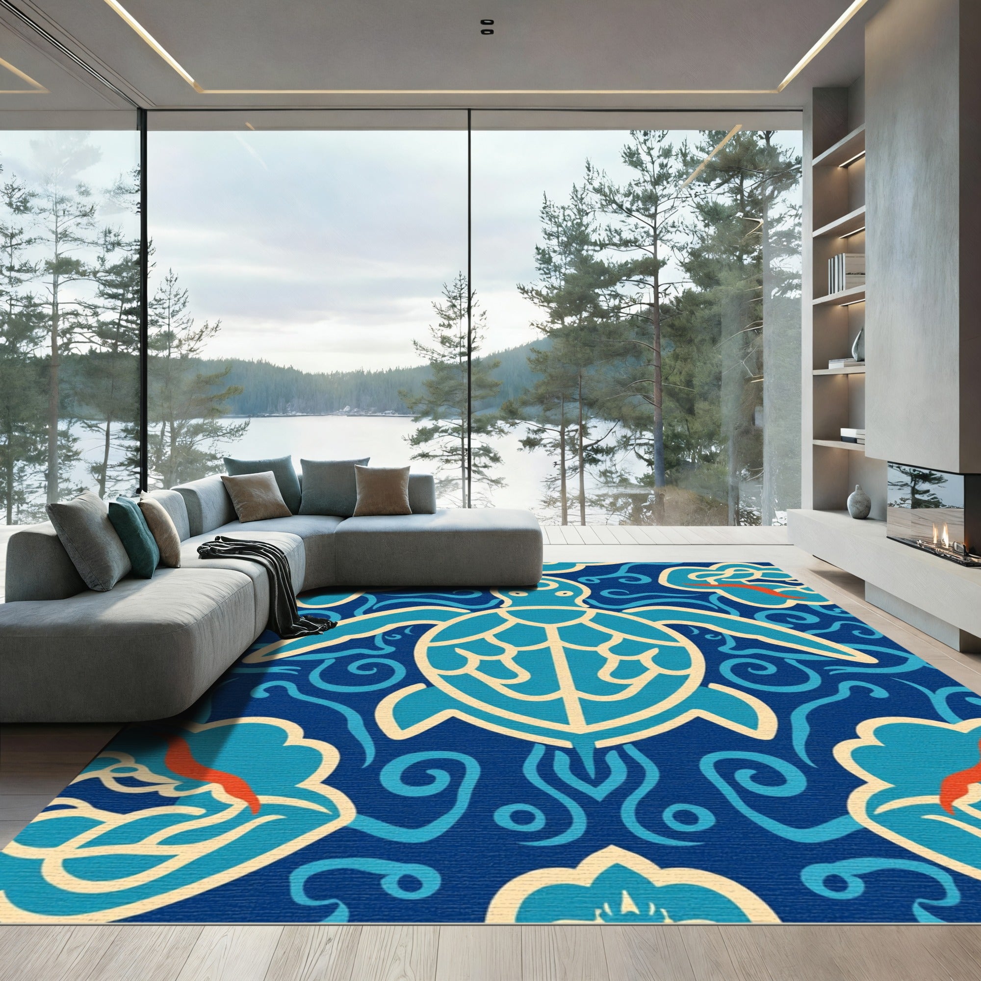 Coastal Turtle Wave Medallion Blue Rug
