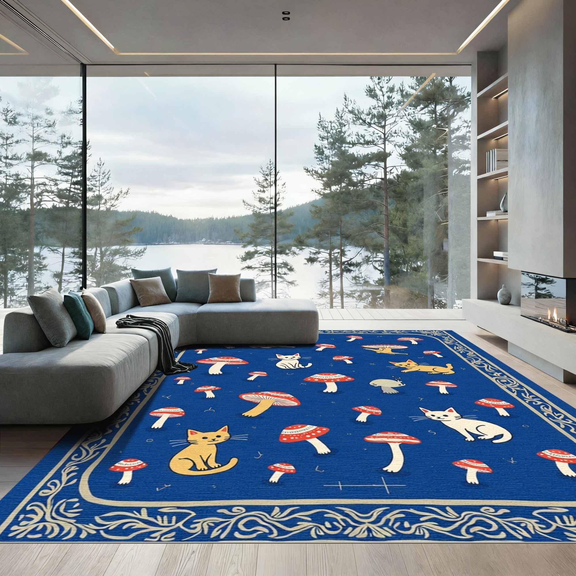 Whimsical Cats Mushroom Forest Blue Rug