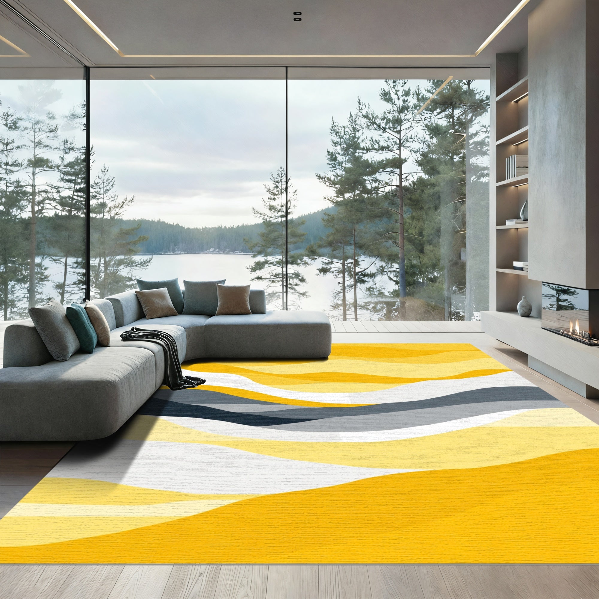 Golden Horizon Abstract Waves Rug