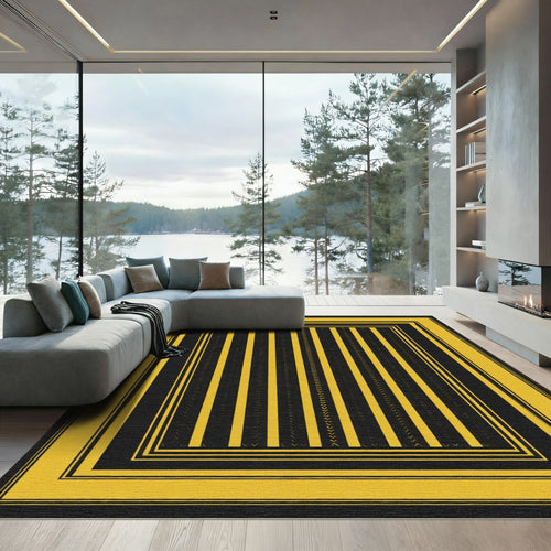 Bold Yellow Black Stripe Border Rug