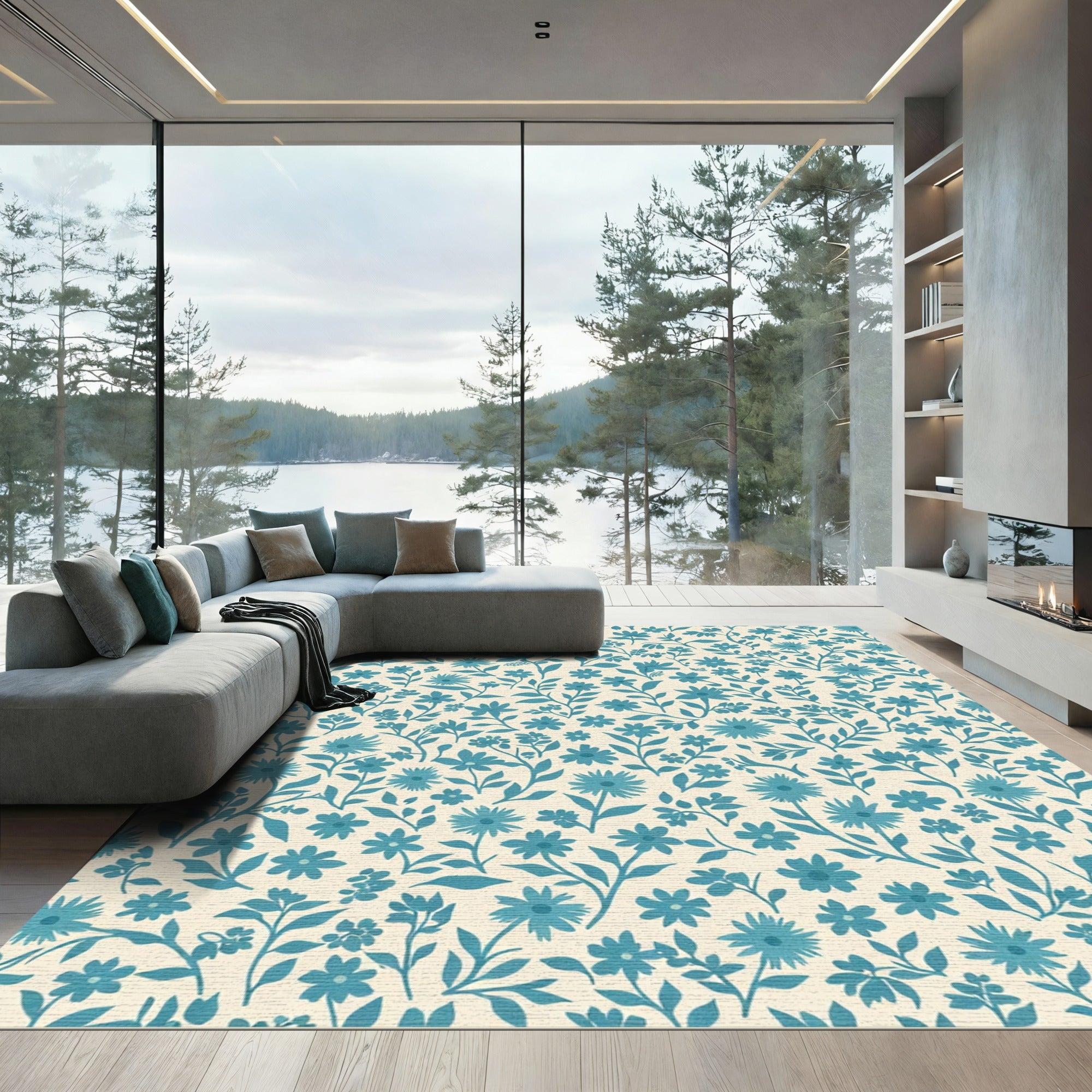 Teal Floral Vine Meadow Rug