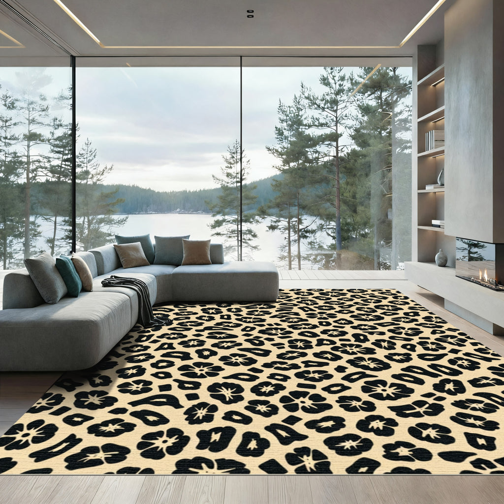 Black Floral Spots on Cream Background Rug