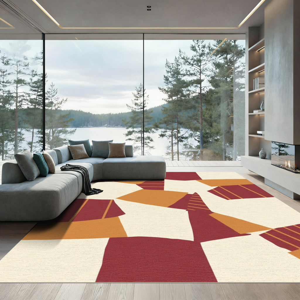 Abstract Blocks Crimson Ochre Rug