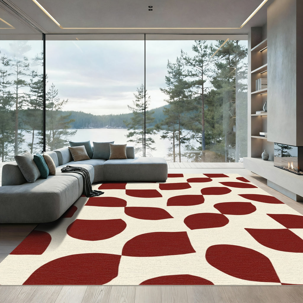 Crimson Abstract Checkered Swirl Rug