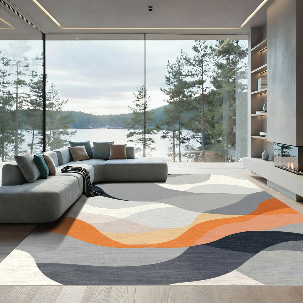 Abstract Orange Gray Wave Flow Rug