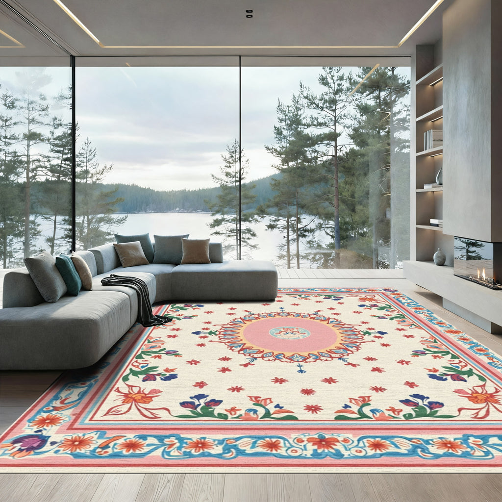 Pink Ochre Blooming Garden Frame Rug