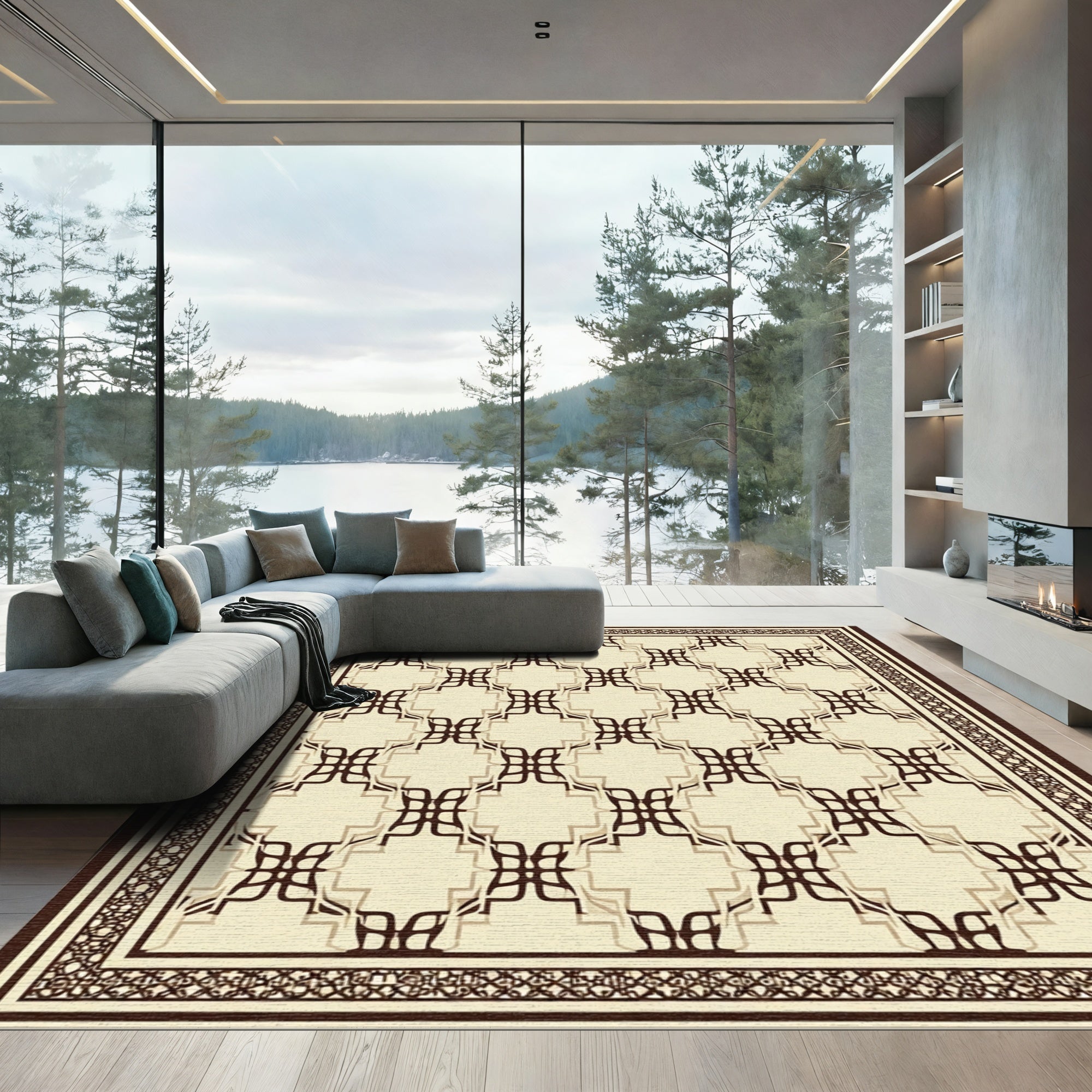 Maroon Cream Interlocking Diamond Border Rug