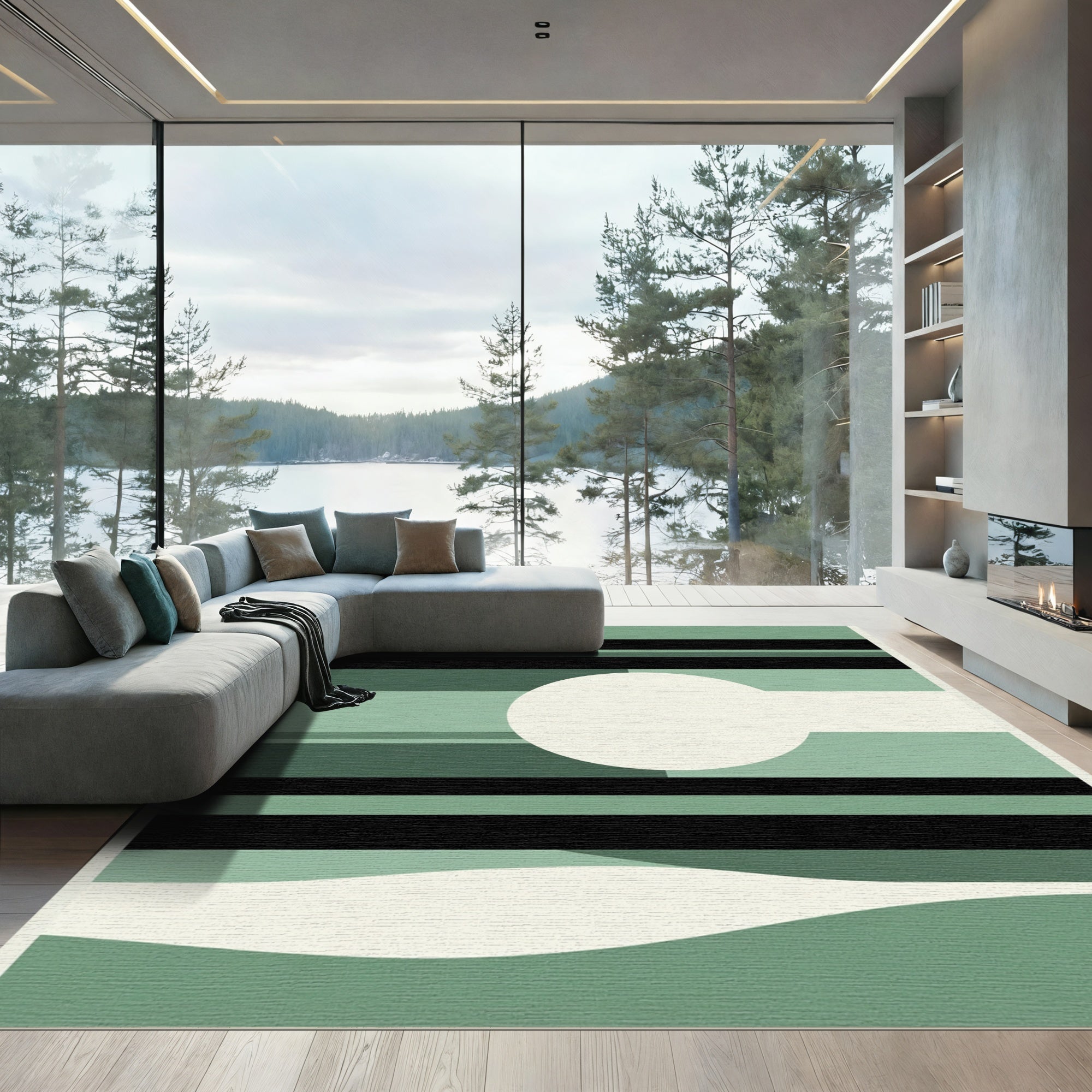 Modern Green Abstract Horizontal Band Rug