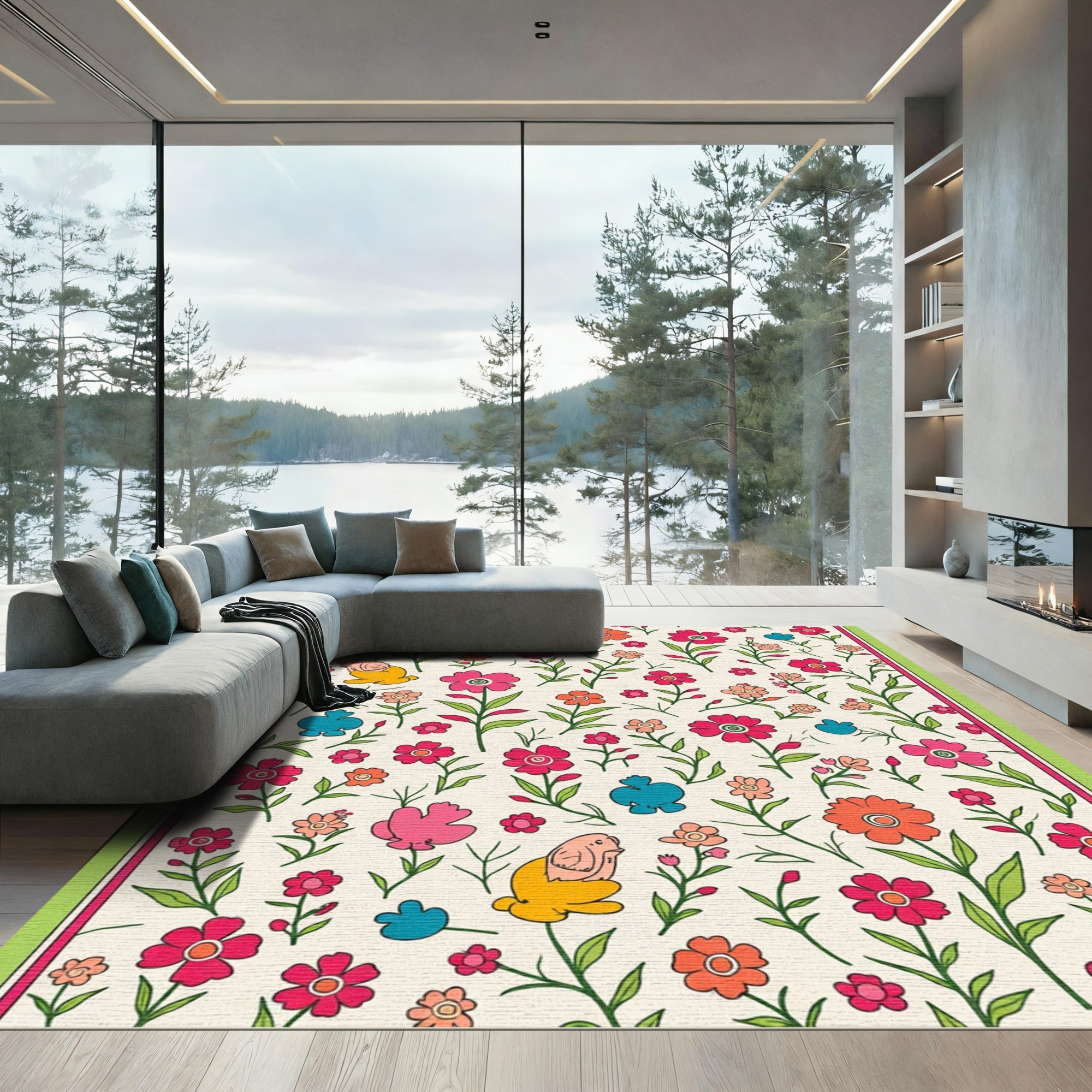 Whimsical Pink Floral Bird Garden Rug