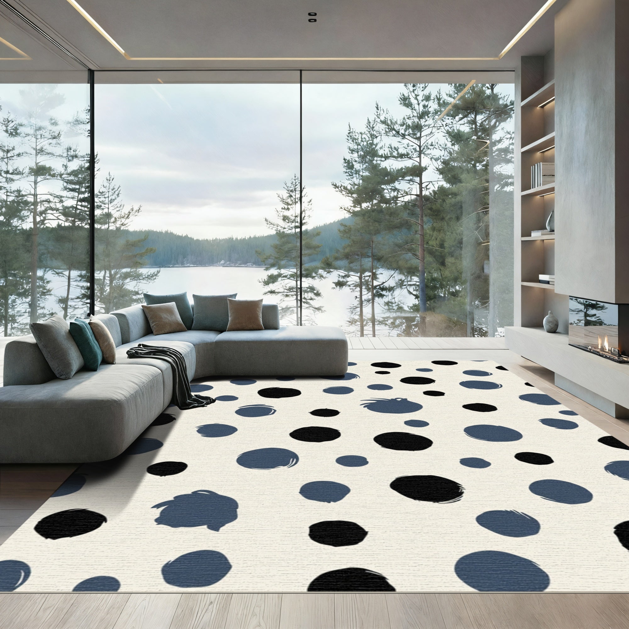 Navy Black Polka Dot Splash Rug