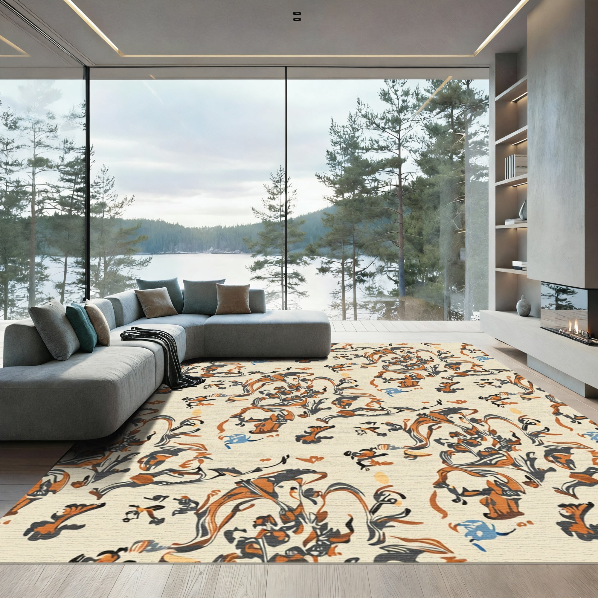 Creme Orange Gray Abstract Floral Swirls Rug