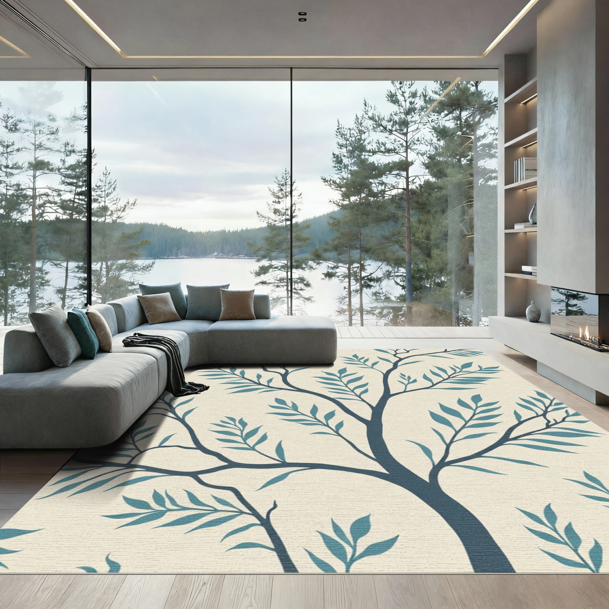 Teal Branch Foliage on Cream Background Rug