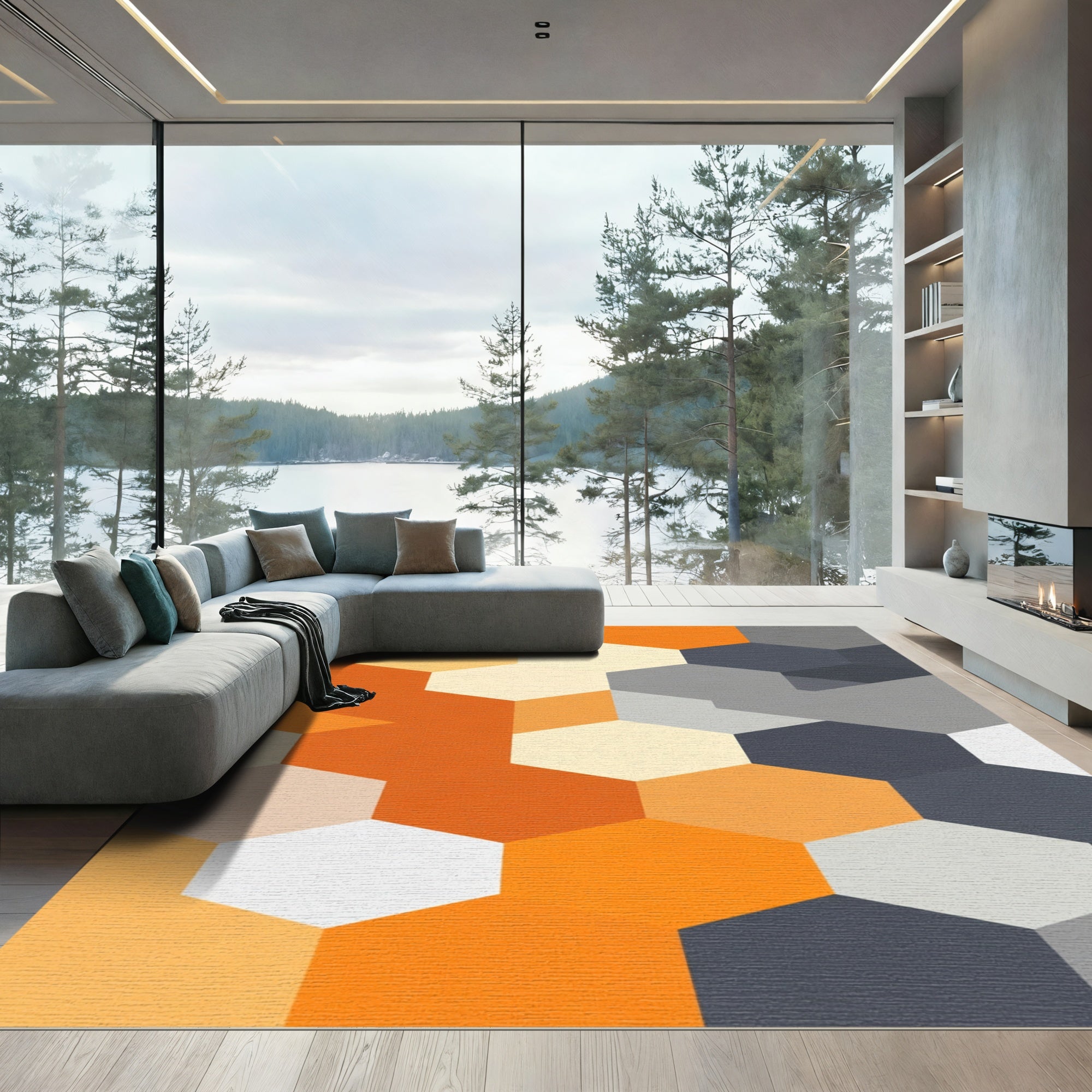 Modern Orange Grey Hexagon Rug