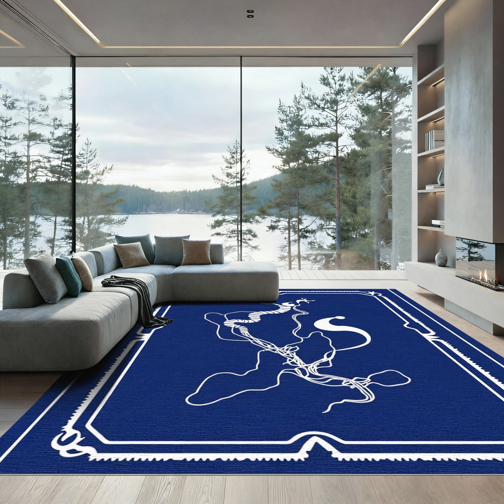 Modern Deep Blue Abstract Swirl Rug