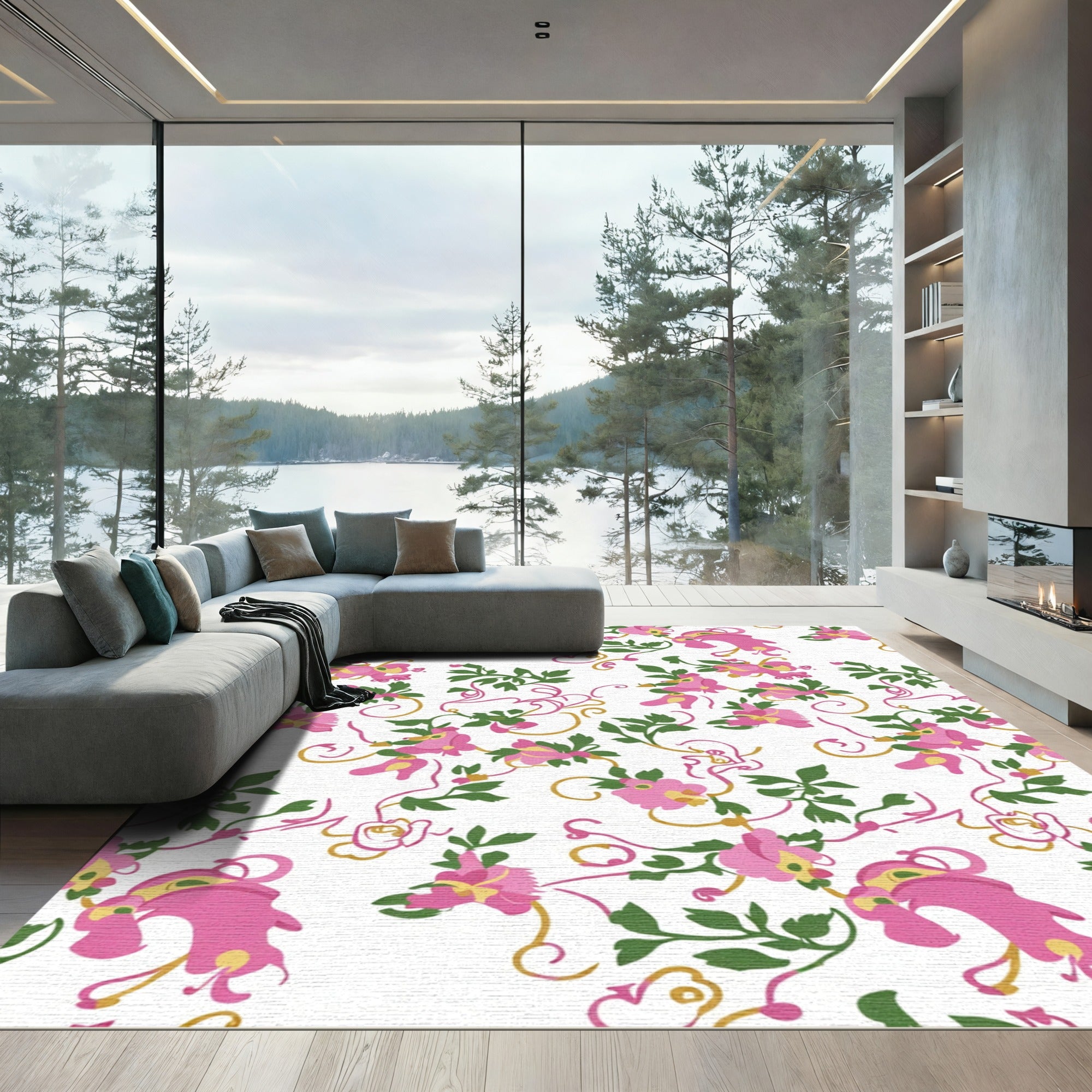 Pink Floral Vine Cascade Rug