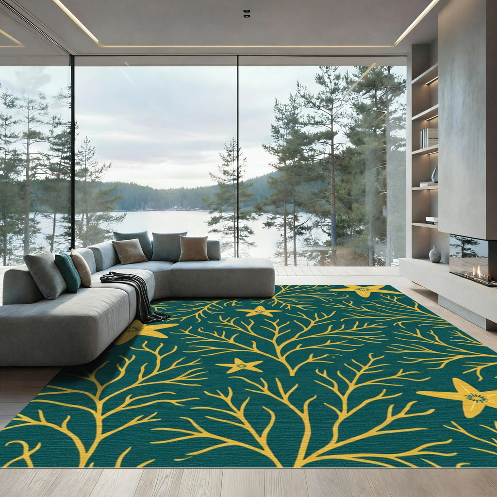 Yellow Coral Starfish Teal Botanical Rug