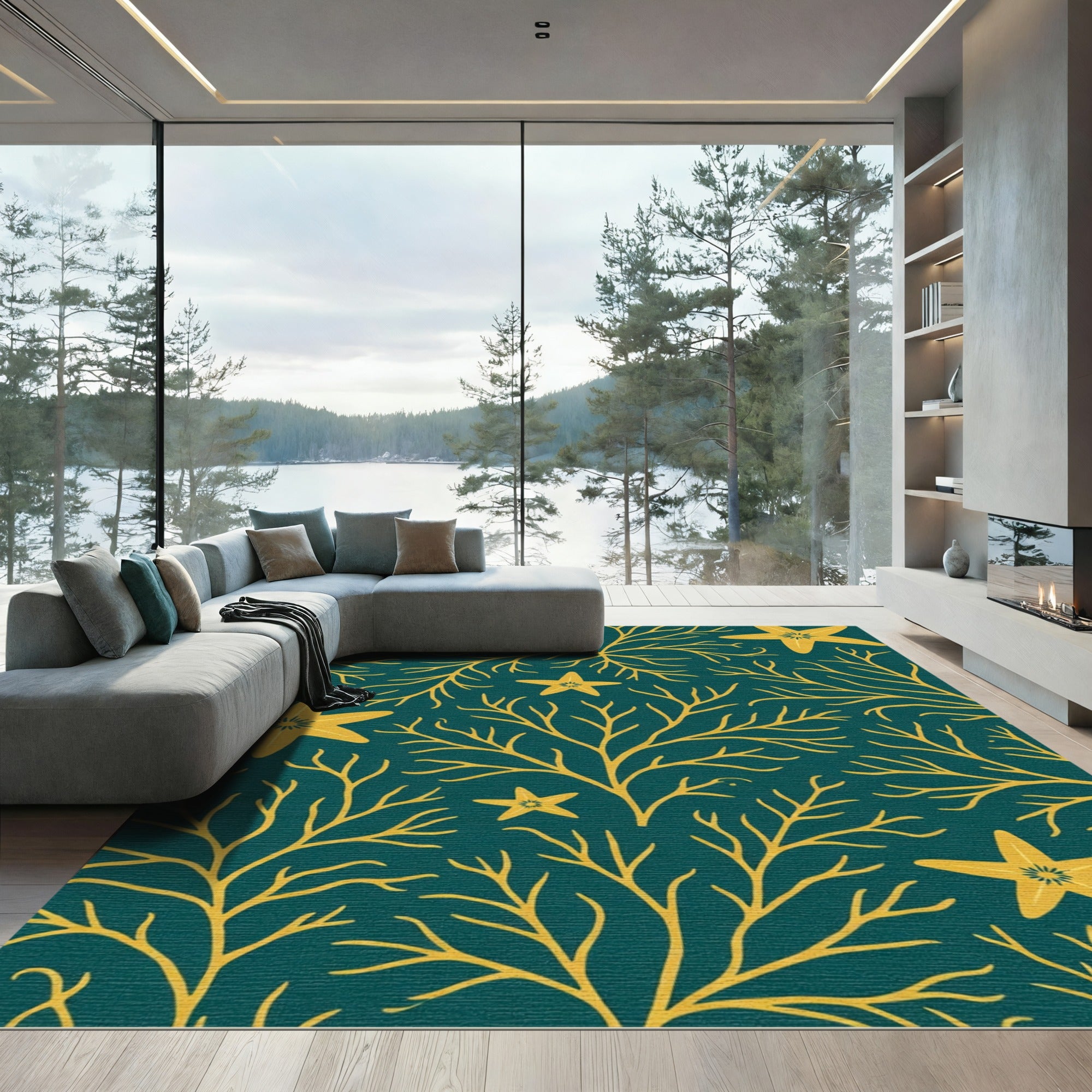 Yellow Coral Starfish Teal Botanical Rug
