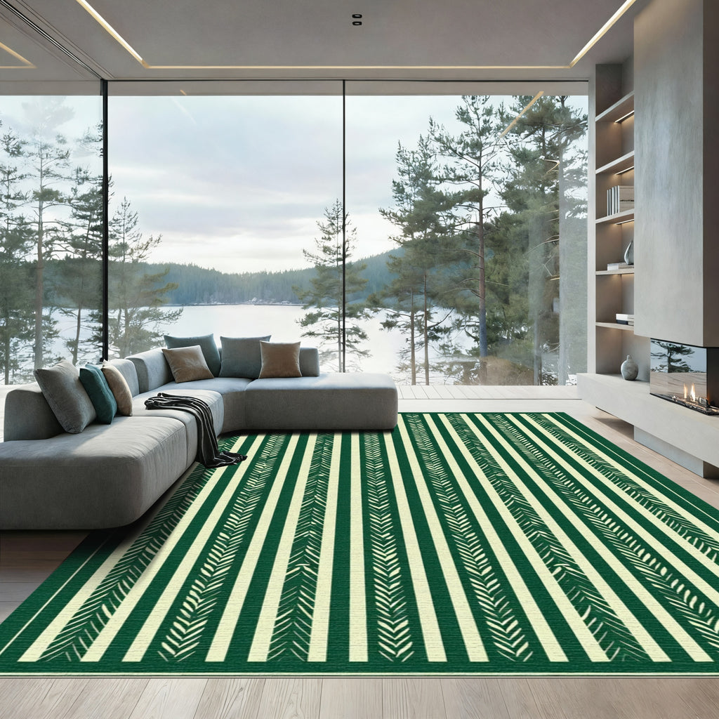 Green White Textured Stripe Rug