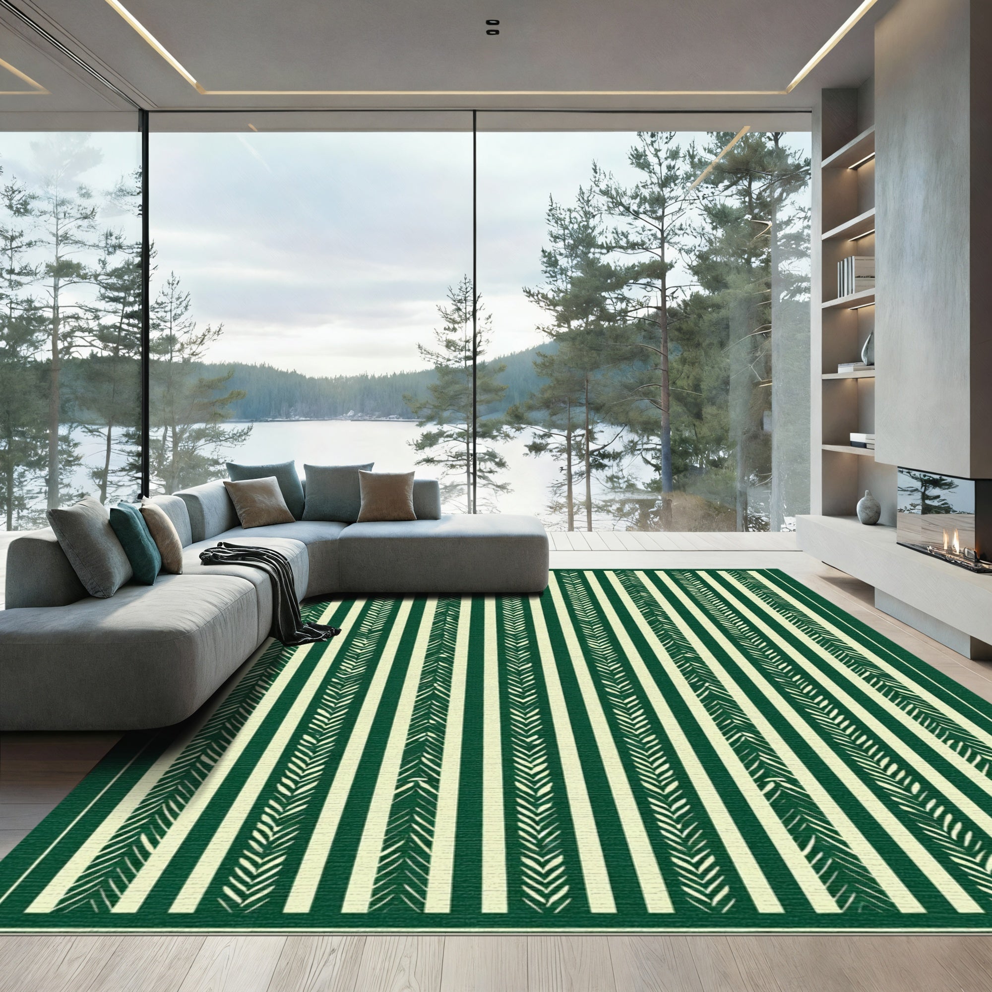 Green White Textured Stripe Rug