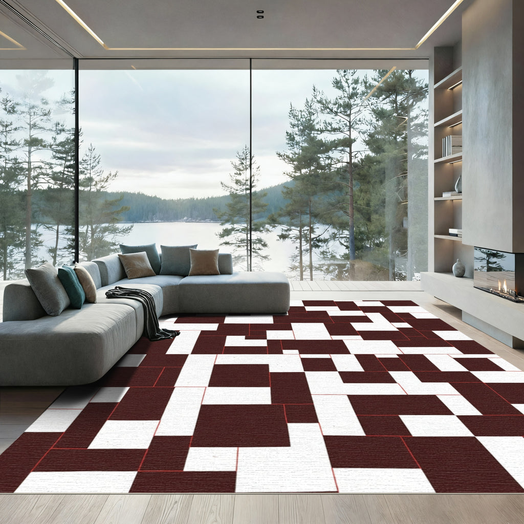 Abstract Dark Brown White Rectangles Rug
