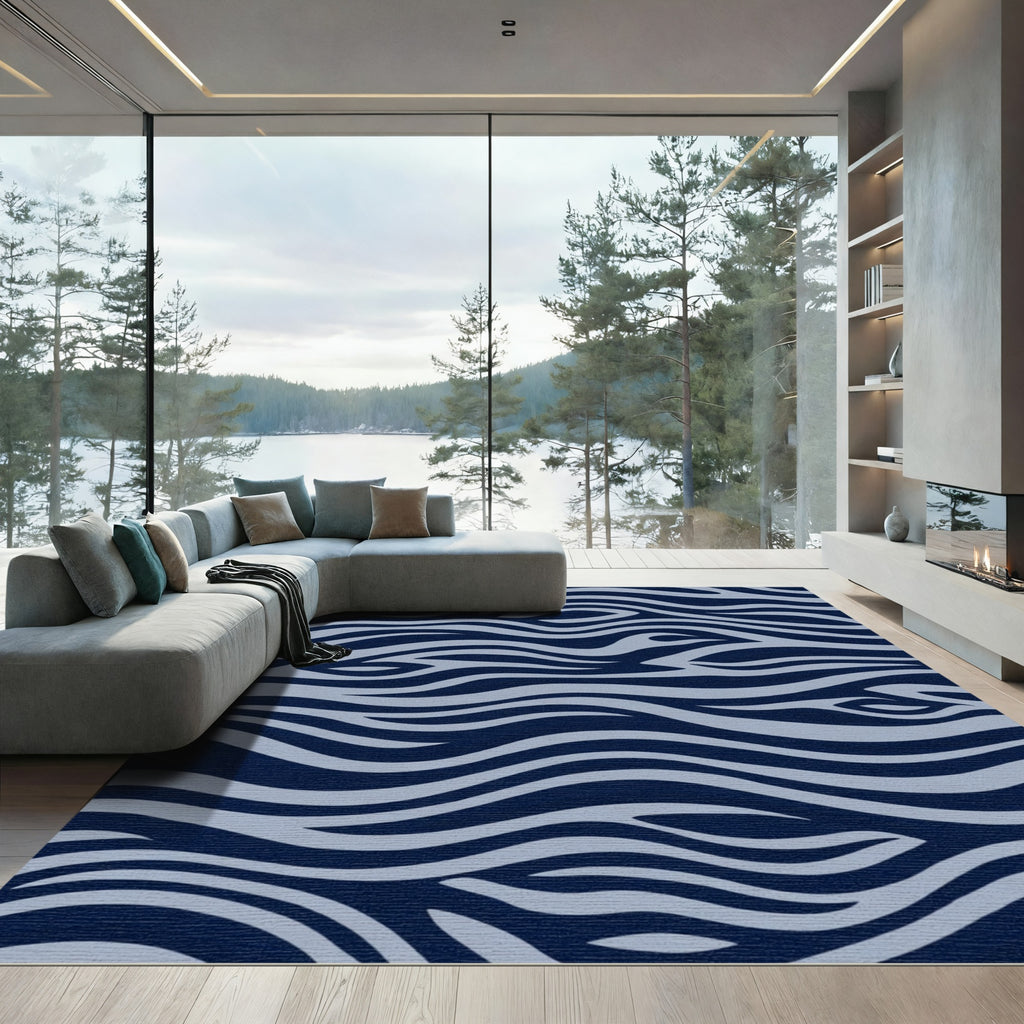 Deep Blue Gray Abstract Wave Rug