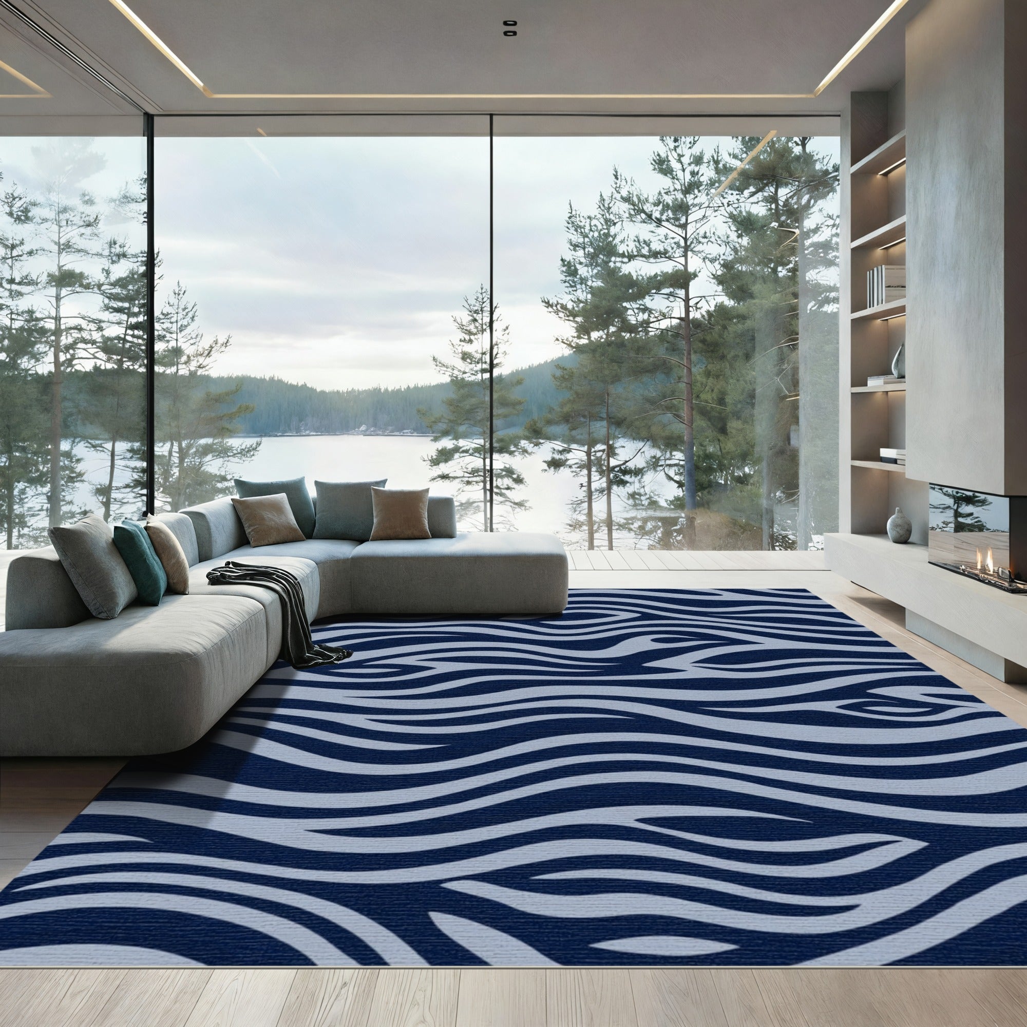 Deep Blue Gray Abstract Wave Rug
