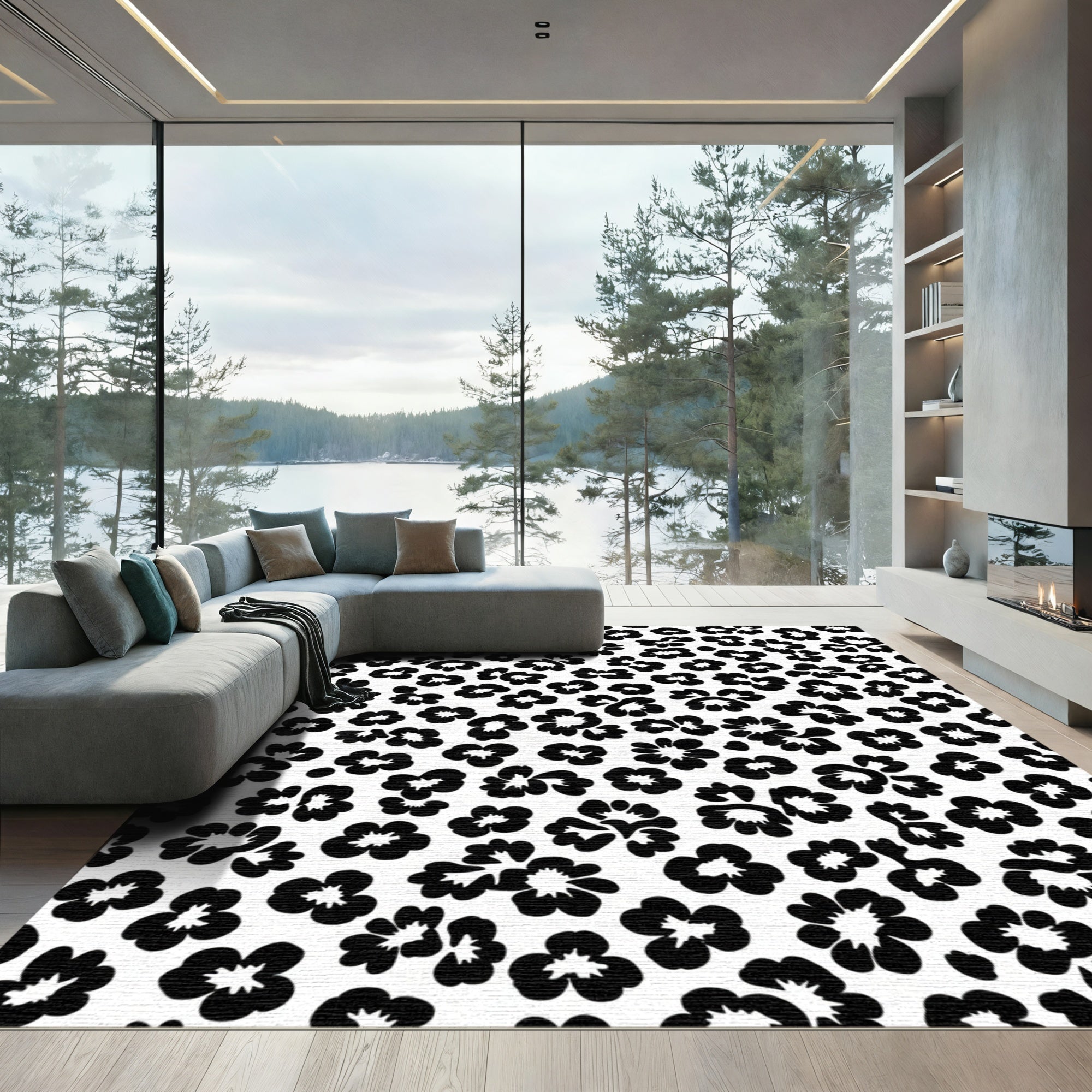 Black Floral Leopard Spots Rug