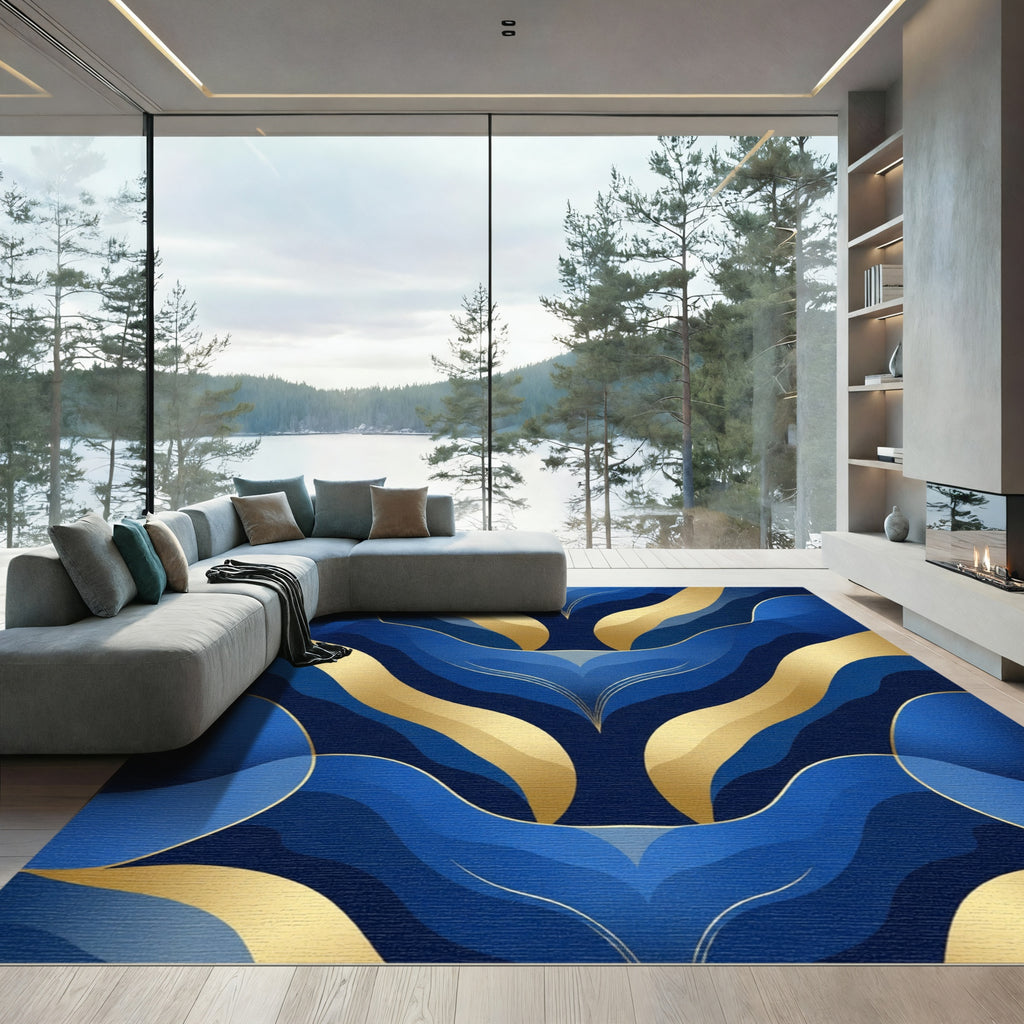 Deep Blue Gold Organic Swirl Rug